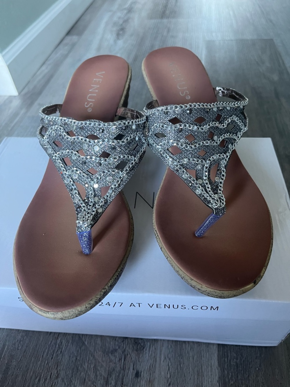 VENUS Silver Jeweled Thong Sandals with Brown Footbed